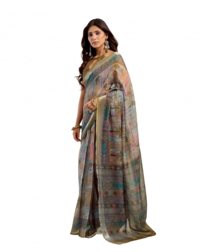 Women's Faux Linen Printed Ready to wear Saree With Unstitched Blouse 5.5Mtr (Multicolor) Women's Faux Linen Printed Ready to wear Saree With Unstitched Blouse 5.5Mtr (Multicolor)