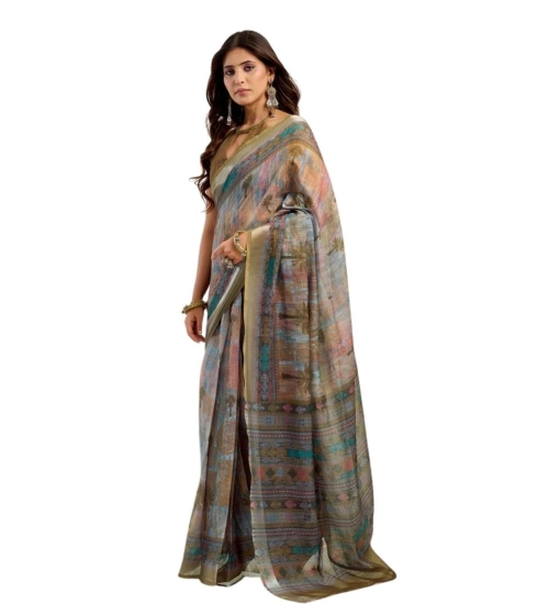 Women's Faux Linen Printed Ready to wear Saree With Unstitched Blouse 5.5Mtr (Multicolor)