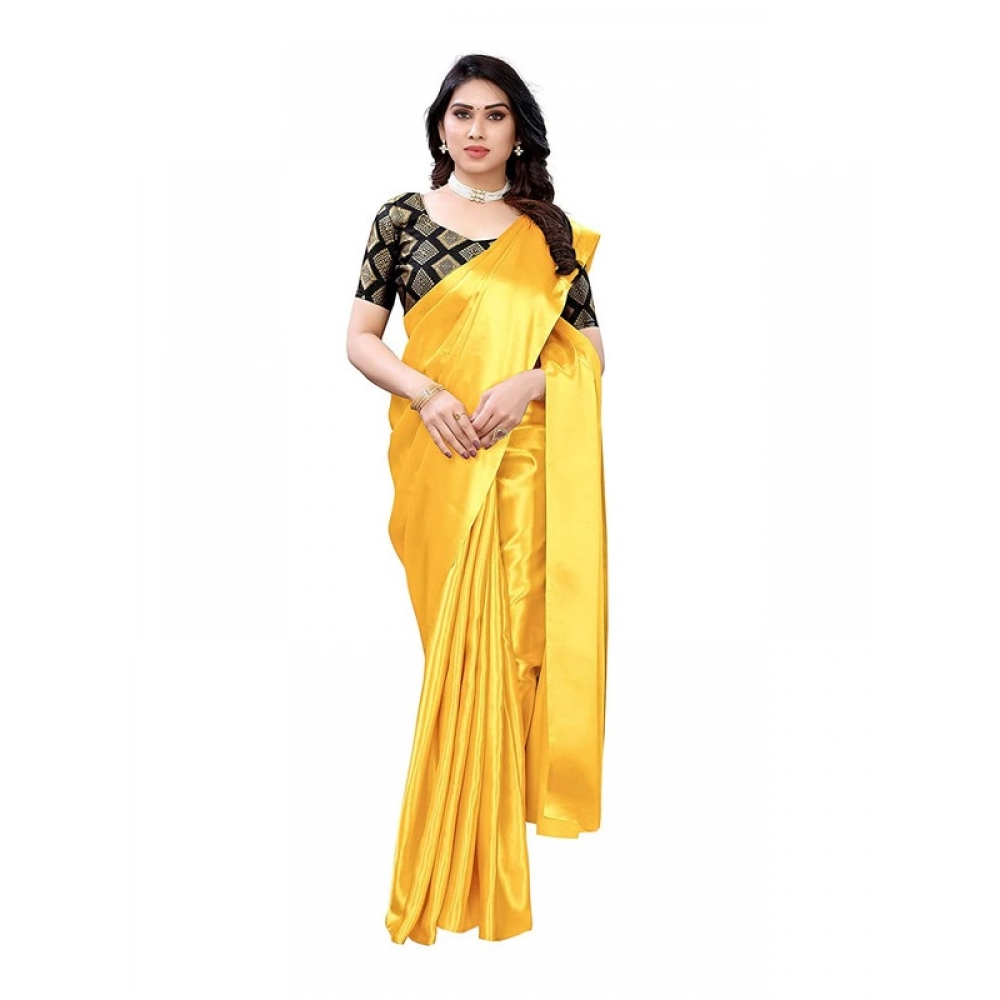 Women's Satin Printed Saree With Unstitched Blouse 5.5Mtr (Yellow)