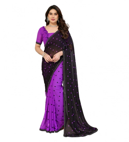 Women's Georgette Printed Saree With Unstitched Blouse 5.5Mtr (Black-Purple)