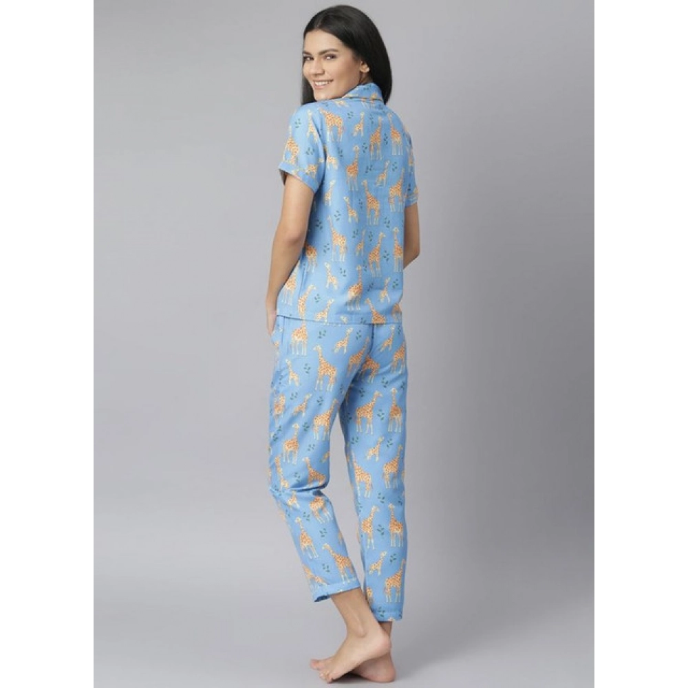 Women's Cotton Blend Printed Short Sleeve Night Suit (Blue) Women's Cotton Blend Printed Short Sleeve Night Suit (Blue)