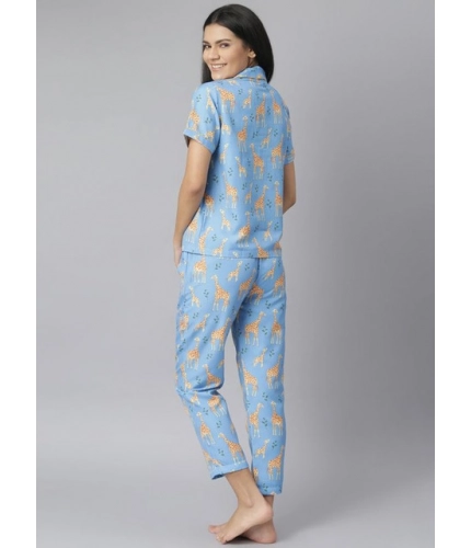 Women's Cotton Blend Printed Short Sleeve Night Suit (Blue)