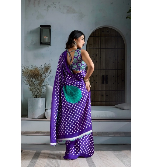 Women's Satin Crepe Printed Saree With Unstitched Blouse 5.5Mtr (Purple)