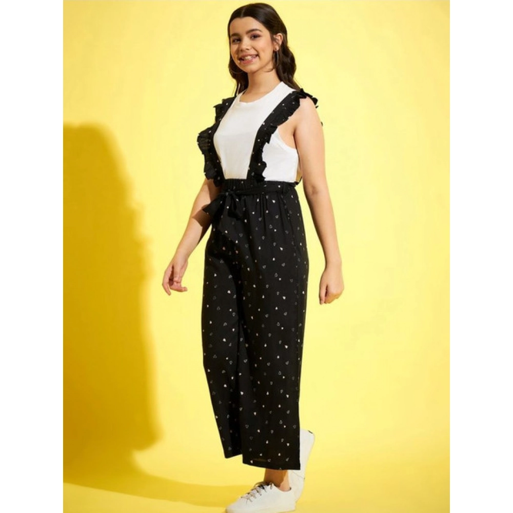 Girl's Cotton Printed Sleeveless Dungaree (Black-White) Girl's Cotton Printed Sleeveless Dungaree (Black-White)