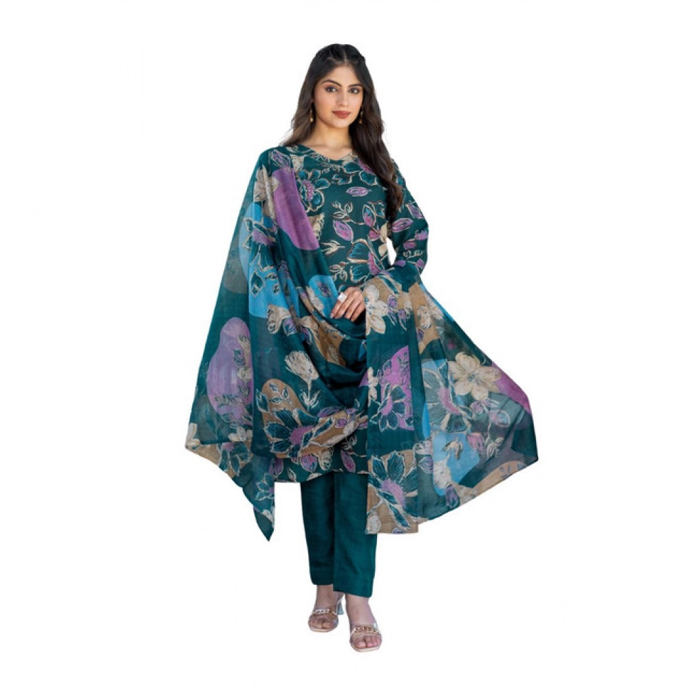 Women's Cotton Blend Printed Kurti With Pant Dupatta Set (Rama) Women's Cotton Blend Printed Kurti With Pant Dupatta Set (Rama)