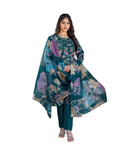 Women's Cotton Blend Printed Kurti With Pant Dupatta Set (Rama)