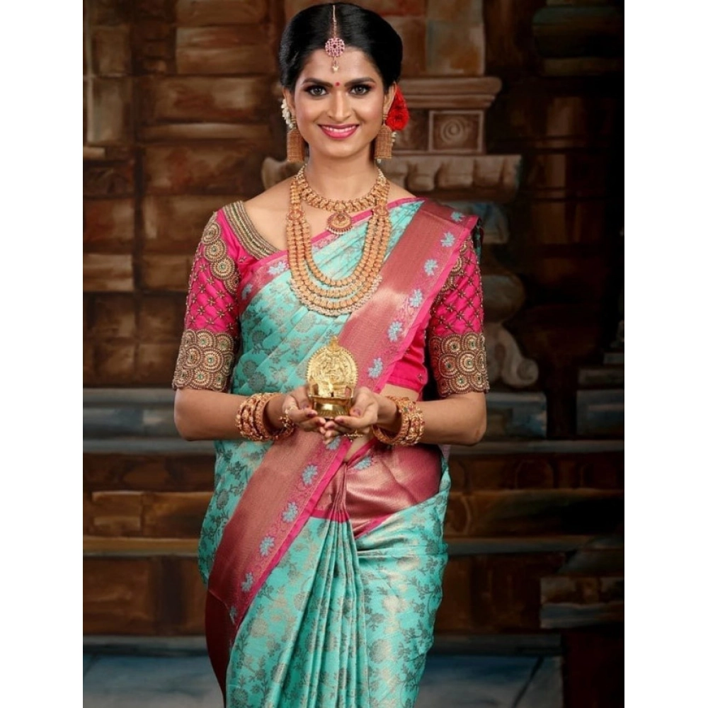 Women's Litchi silk Printed Saree With Unstitched Blouse (Turquise Blue) Women's Litchi silk Printed Saree With Unstitched Blouse (Turquise Blue)