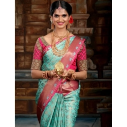 Women's Litchi silk Printed Saree With Unstitched Blouse (Turquise Blue)