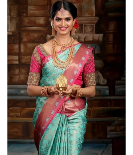 Women's Litchi silk Printed Saree With Unstitched Blouse (Turquise Blue)