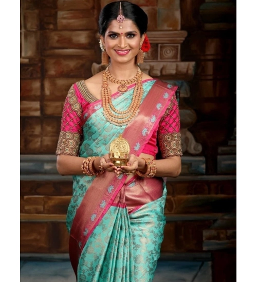 Women's Litchi silk Printed Saree With Unstitched Blouse (Turquise Blue)