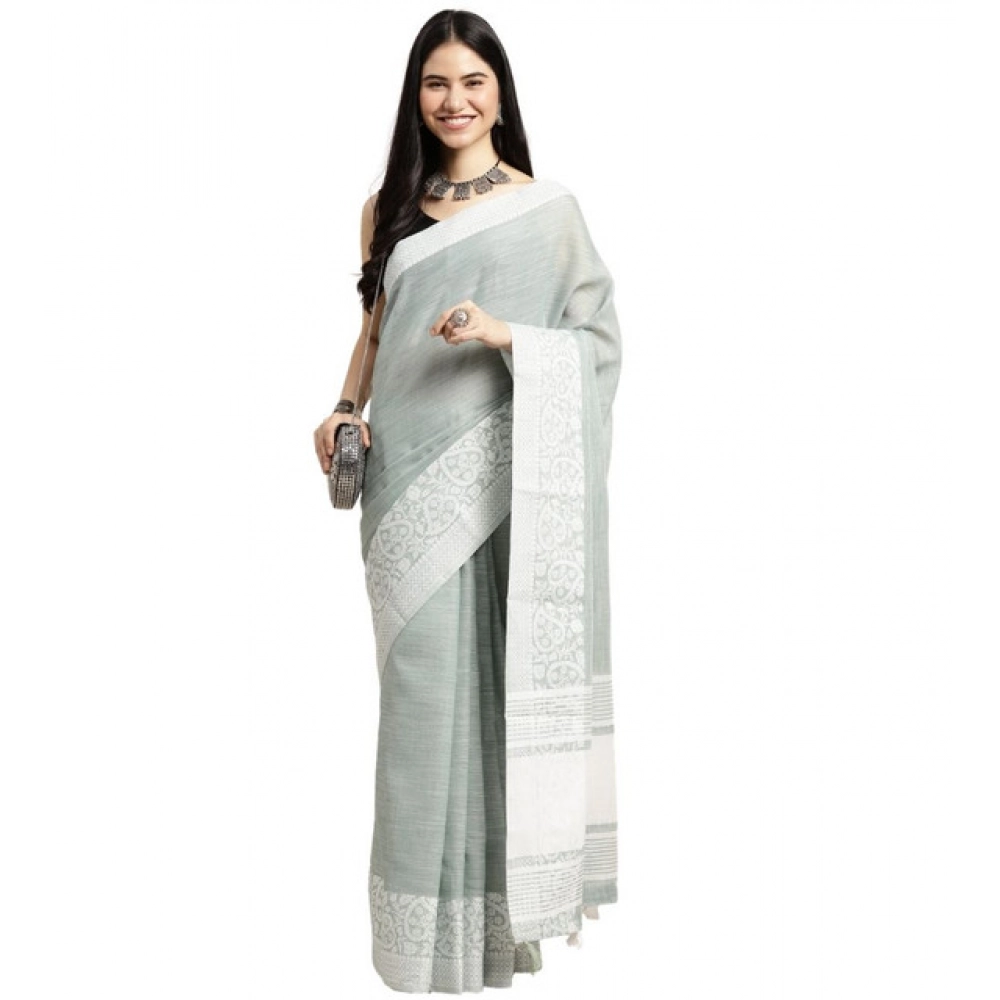 Women's Linen Printed Saree With Unstitched Blouse 5.5Mtr (Sea Green) Women's Linen Printed Saree With Unstitched Blouse 5.5Mtr (Sea Green)