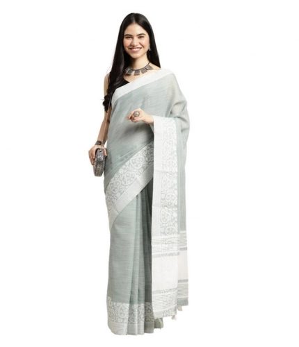 Women's Linen Printed Saree With Unstitched Blouse 5.5Mtr (Sea Green)