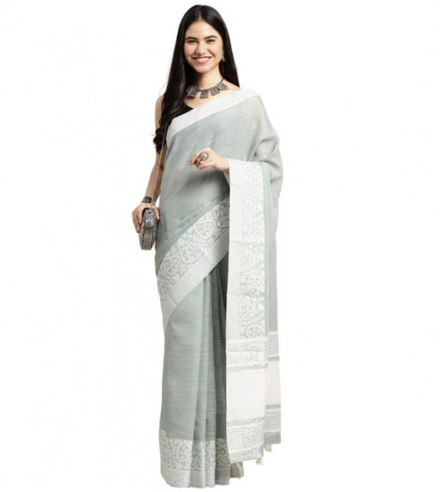 Women's Linen Printed Saree With Unstitched Blouse 5.5Mtr (Sea Green)