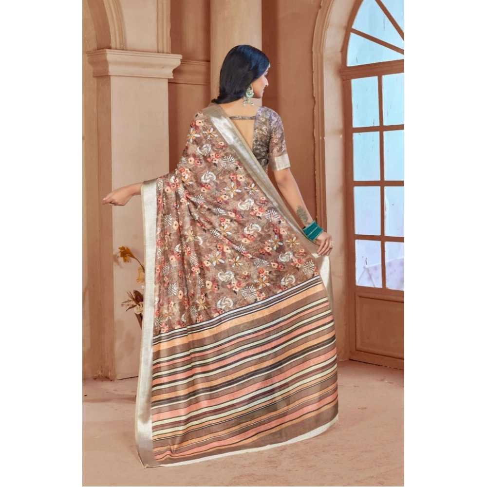 Women's Printed Cotton Linen Saree withPrinted Saree With Unstitched Blouse (Brown , 5-6Mtrs) Women's Printed Cotton Linen Saree withPrinted Saree With Unstitched Blouse (Brown , 5-6Mtrs)