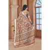 Dropship Women's Printed Cotton Linen Saree withPrinted  Saree With Unstitched Blouse (Brown , 5-6Mtrs)
