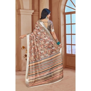 Generic Women's Printed Cotton Linen Saree withPrinted  Saree With Unstitched Blouse (Brown , 5-6Mtrs)