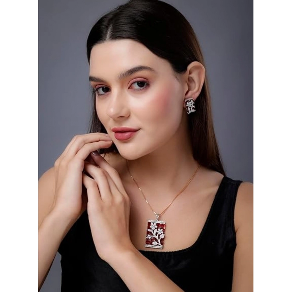 Women's Brass Silver Plated Pendant Set (Red)