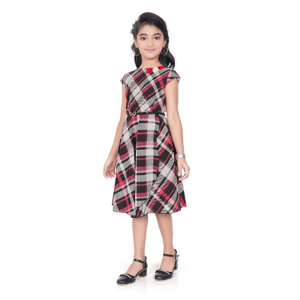 Girl's Lycra Checks Striped Short Sleeve Round Neck Dress (Pink)