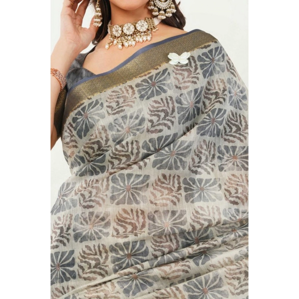 Women's Polyester Printed Saree With Unstitched Blouse 5.5 Mtr (Grey)