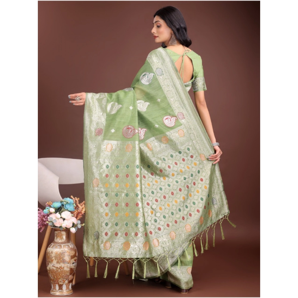 Women's Linen Cotton Printed Saree With Unstitched Blouse 5.5Mtr (Light Green) Women's Linen Cotton Printed Saree With Unstitched Blouse 5.5Mtr (Light Green)