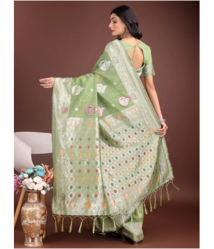 Women's Linen Cotton Printed Saree With Unstitched Blouse 5.5Mtr (Light Green)