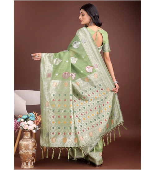 Women's Linen Cotton Printed Saree With Unstitched Blouse 5.5Mtr (Light Green)