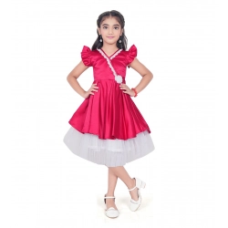 Girl's Satin Soild Short Sleeve V Neck Dress (Pink)