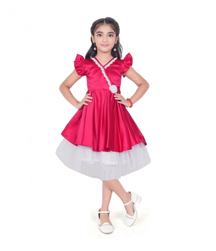 Girl's Satin Soild Short Sleeve V Neck Dress (Pink)