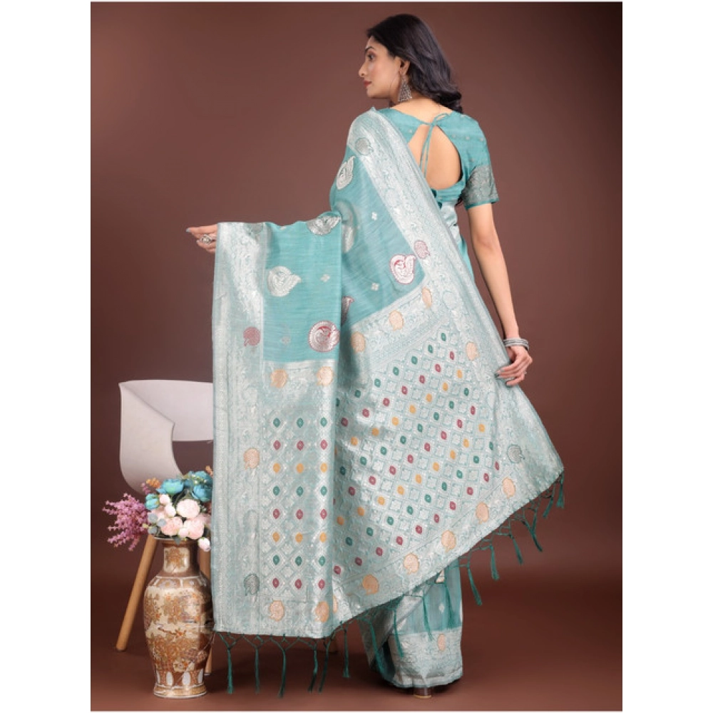 Women's Linen Cotton Printed Saree With Unstitched Blouse 5.5Mtr (Sea Green) Women's Linen Cotton Printed Saree With Unstitched Blouse 5.5Mtr (Sea Green)
