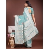 Women's Linen Cotton Printed Saree With Unstitched Blouse 5.5Mtr (Sea Green) Women's Linen Cotton Printed Saree With Unstitched Blouse 5.5Mtr (Sea Green)