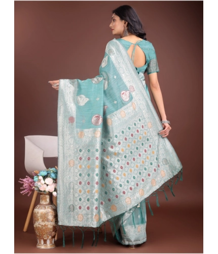 Women's Linen Cotton Printed Saree With Unstitched Blouse 5.5Mtr (Sea Green)