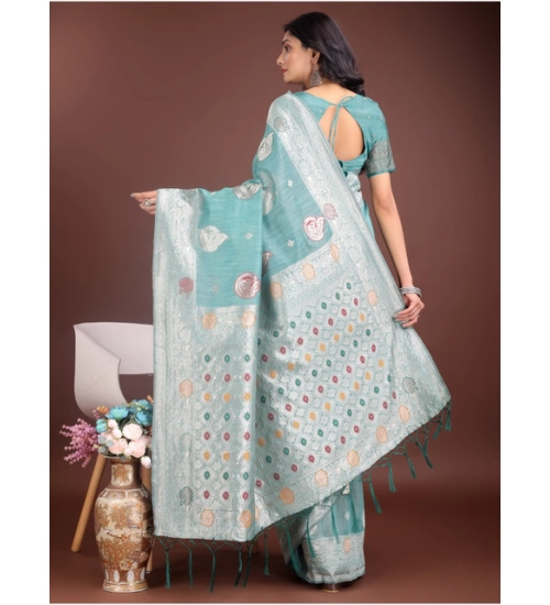 Women's Linen Cotton Printed Saree With Unstitched Blouse 5.5Mtr (Sea Green)