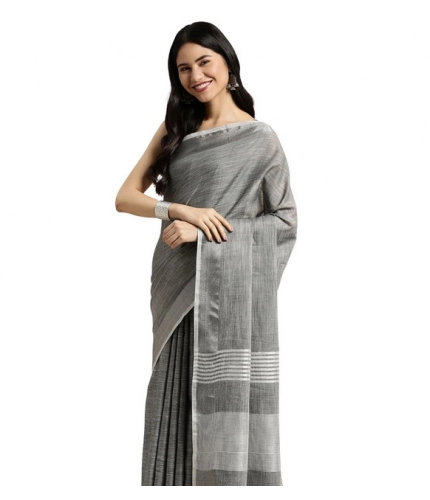 Women's Linen Cotton Printed Saree With Unstitched Blouse 5.5Mtr (Dark Grey)