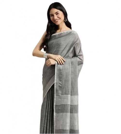 Women's Linen Cotton Printed Saree With Unstitched Blouse 5.5Mtr (Dark Grey)