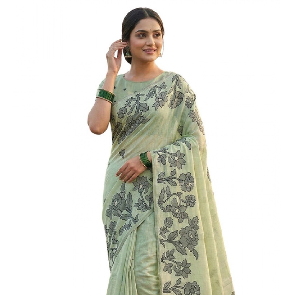 Women's Linen Cotton Printed Saree With Unstitched Blouse 5.5Mtr (Light Green) Women's Linen Cotton Printed Saree With Unstitched Blouse 5.5Mtr (Light Green)