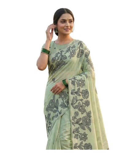 Women's Linen Cotton Printed Saree With Unstitched Blouse 5.5Mtr (Light Green)