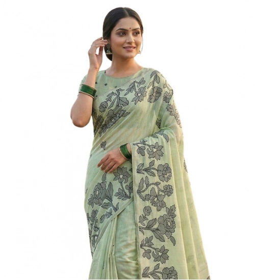 Women's Linen Cotton Printed Saree With Unstitched Blouse 5.5Mtr (Light Green)