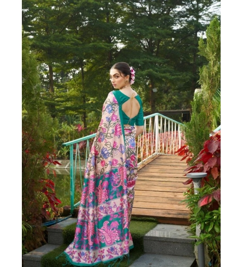 Women's Faux_Tussar Kalamkari_Print Saree With Unstitched Blouse 5.5Mtr (Green)