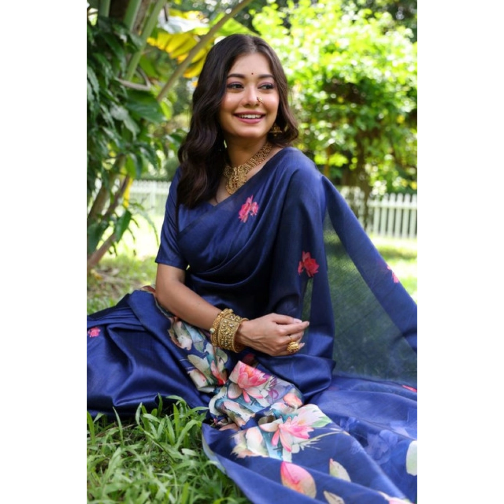Women's Faux_Tussar Floral Saree With Unstitched Blouse 5.5Mtr (Navy_Blue) Women's Faux_Tussar Floral Saree With Unstitched Blouse 5.5Mtr (Navy_Blue)
