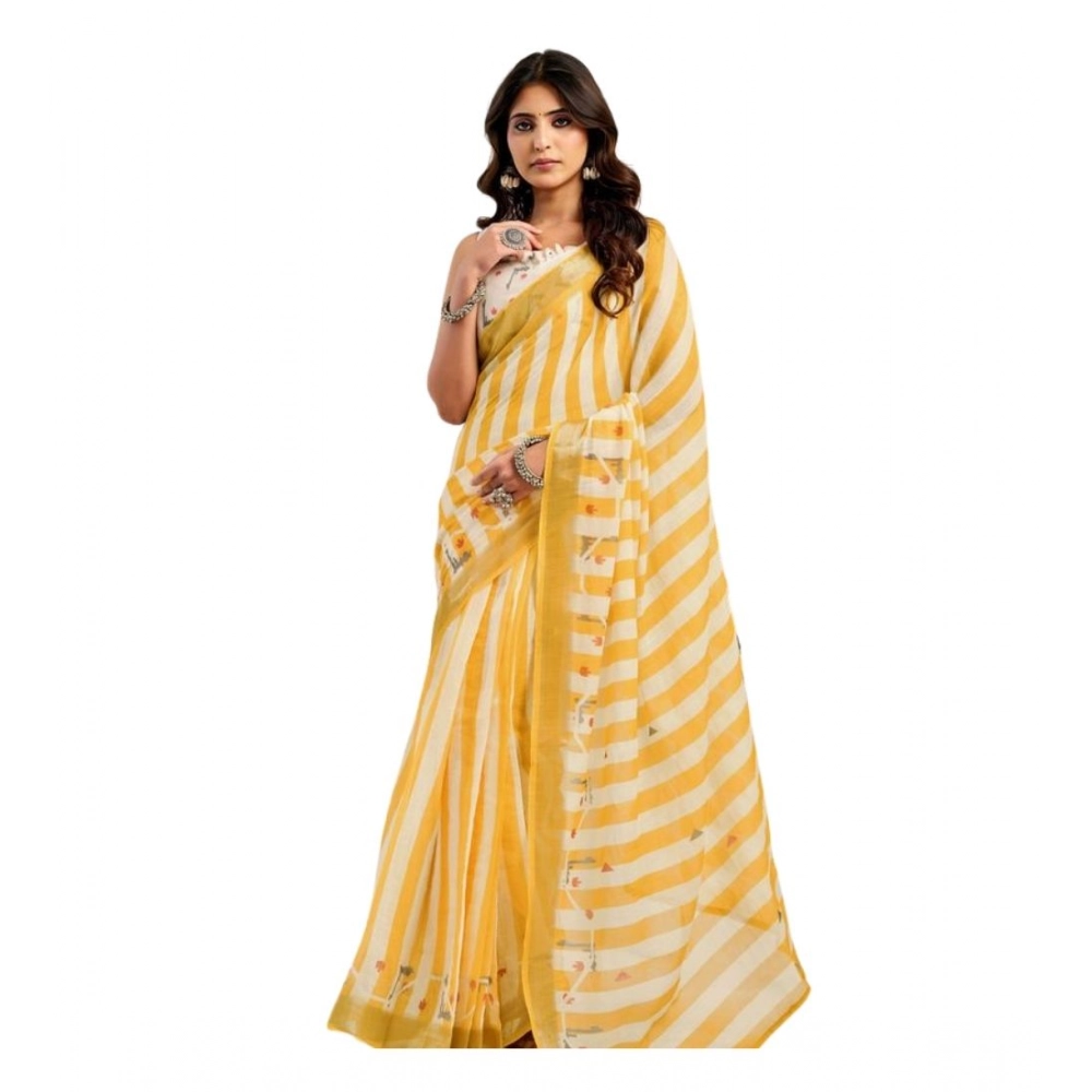 Women's Linen Cotton Printed Ready To Wear Saree With Unstitched Blouse 5.5 Mtr (Light_Mustard)