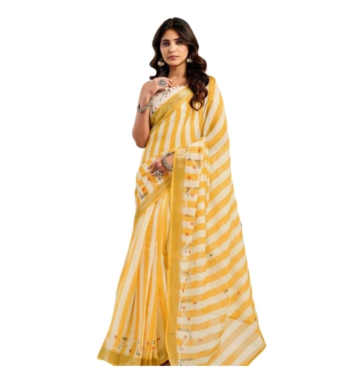 Women's Linen Cotton Printed Ready To Wear Saree With Unstitched Blouse 5.5 Mtr (Light_Mustard)