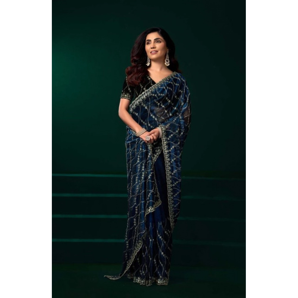 Women's Net Sequence Saree With Unstitched Blouse 5.5Mtr (Blue)