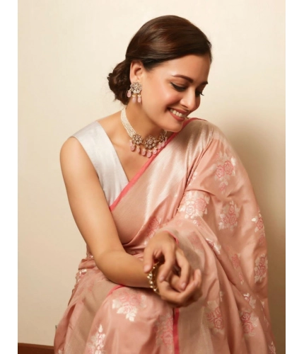 Women's Litchi silk Printed Saree With Unstitched Blouse (Peach)