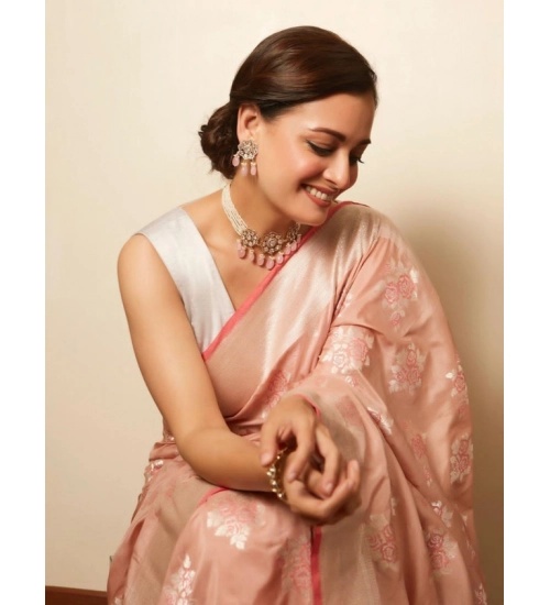 Women's Litchi silk Printed Saree With Unstitched Blouse (Peach)