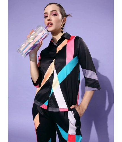 Women's Satin Colour Block Long Sleeves Co-Ord Set (Multicolor)
