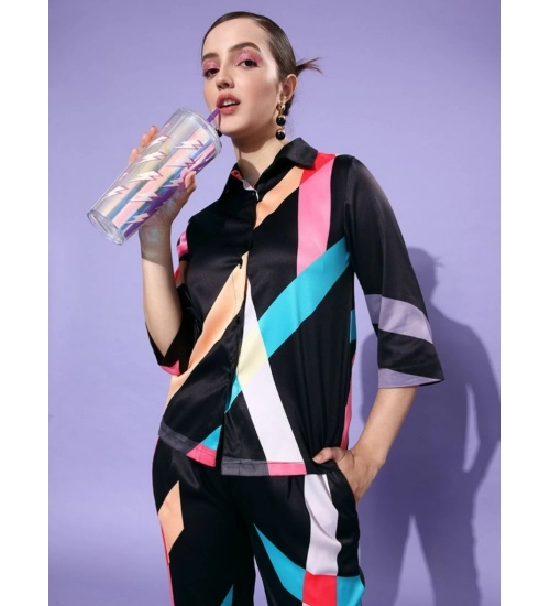 Women's Satin Colour Block Long Sleeves Co-Ord Set (Multicolor)