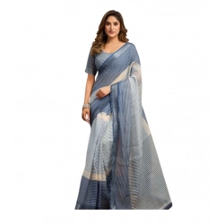 Women's Linen Cotton Printed Ready To Wear With Pocket Saree With Unstitched Blouse 5.5 Mtr (Light_Blue)