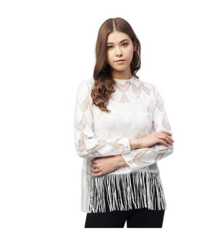 Women's Lace Self Design Short Sleeve Top (White)