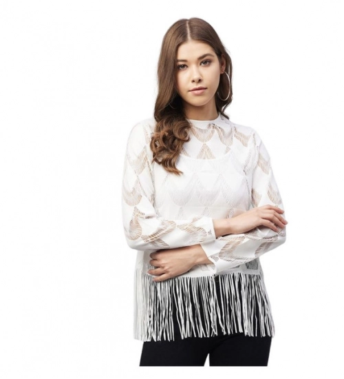 Women's Lace Self Design Short Sleeve Top (White)