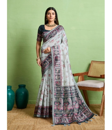 Women's Silk Blend Printed Saree With Unstitched Blouse 5.5Mtr (Grey)